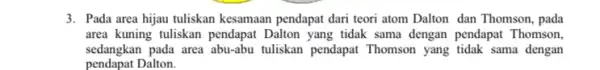 3. Pada area hijau tuliskan kesamaan pendapat dari teori atom Dalton dan Thomson.pada area kuning tuliskan pendapat Dalton yang tidak sama dengan pendapat Thomson,