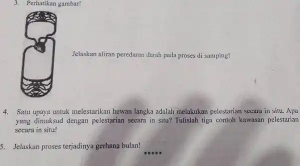 3. Perhatikan gambar! Jelaskan aliran peredaran darah pada proses di samping! 4. Satu upaya untuk melestarikan hewan langka adalah melakukan pelestarian secara in situ.