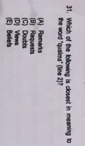 31. Which of the following is closest in meaning to the word "qualms" (line 2)? (A) Remarks (B) Requests (C) Doubts (D) Views (E)