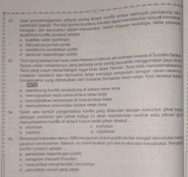 32 Saat penyelenggaraan pilkada sering terjadi konflik antara pendukung calon pemimpin daerah. Prodan kontra d ing lesinereka dapat menimbulkan is, faktor dan kerusakan dalam