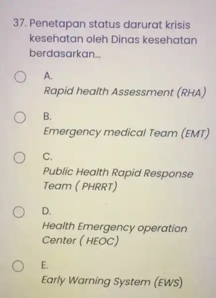 37 Penetapan status darurat krisis kesehatan oleh Dinas kesehatan berdasarkan __ A. Rapid health Assessment (RHA) B. Emergency medical Team (EMT) C. Public Health