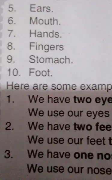 5. Ears. 6 .mouth. 7 . Hands. 8 . Fingers 9 . Stomach. 10 . Foot. Here are some examp 1.We have two eye