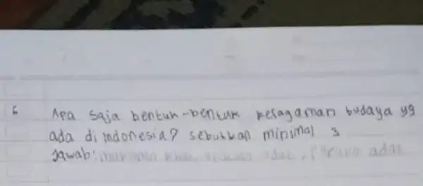 6. Apa saja bentuk-bentuk kelagaman budaya yg ada di indonesia? sebutkan minimal 3