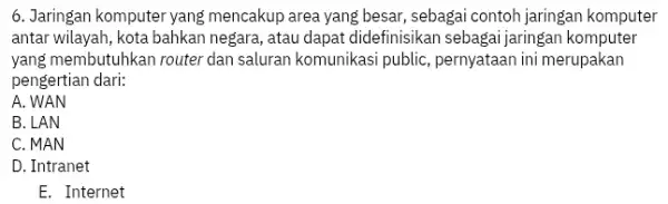 6. Jaringan komputer yang mencakup area yang besar,sebagai contoh jaringan komputer antar wilayah, kota bahkan negara, atau dapat didefinisikan sebagai jaringan komputer yang membutuhkan