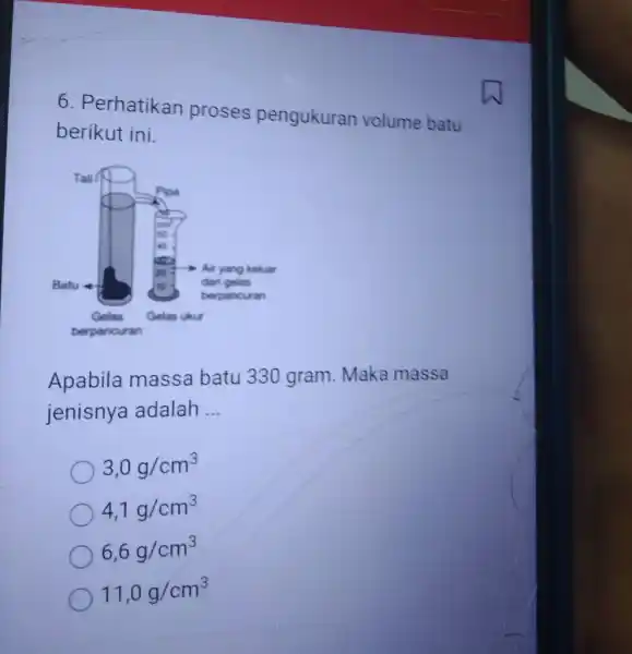 6. Perhatikan proses pengukuran volume batu berikut ini. Apabila massa batu 330 gram. Maka massa jenisnya adalah __ 3,0g/cm^3 4,1g/cm^3 6,6g/cm^3 11,0g/cm^3