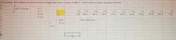 8 6.Tentukan nilai integrasi persamaan berikut menggunkan aturan riemann dengan N=10 Ikemudian tentukan nilai galat relatifnya square square square square square square square square