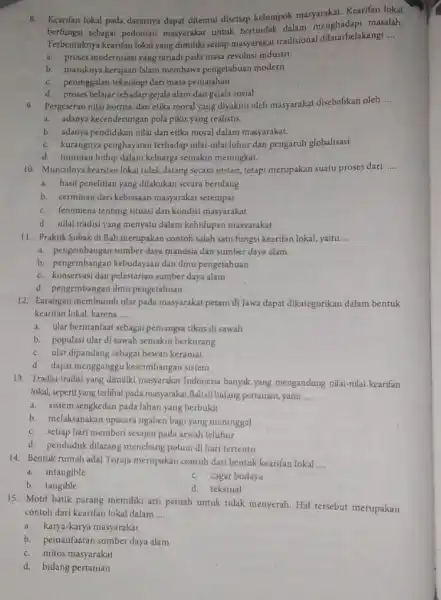 8. Kearifan lokal pada dasarnya dapat ditemui disetiap kelompok masyarakat. Kearifan lokal berfungsi sebagai pedoman masyarakat untuk bertindak dalam menghadapi masalah, Terbentuknya kearifan lokal