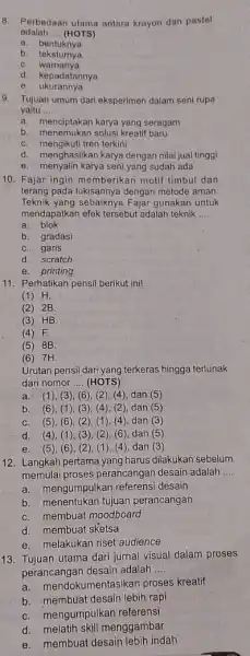 8. Perbedaan utama antara krayon dan pastel adalah __ (HOTS) a bentuknya b. teksturnya C. warnanya d. kepadatannya e. ukurannya 9. Tujuan umum dari