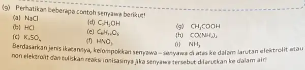 (9) Perhatikan beberapa contoh senyawa berikut! (g) CH_(3)COOH (a) NaCl (d) C_(2)H_(5)OH (h) CO(NH_(2))_(2) (b) HCl (e) C_(6)H_(12)O_(6) (c) K_(2)SO_(4) (f) HNO_(3) (i) NH_(3)