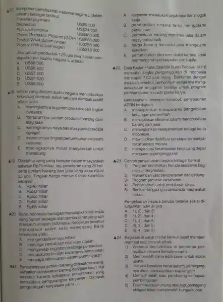 A17. Komponen pendapatan nasional negara L (dalam jutaan) sebaga berikut. Transfer payment Depresiasi S 9.500 Personal income US 24.000 Gross Domestic Product (GDP) US