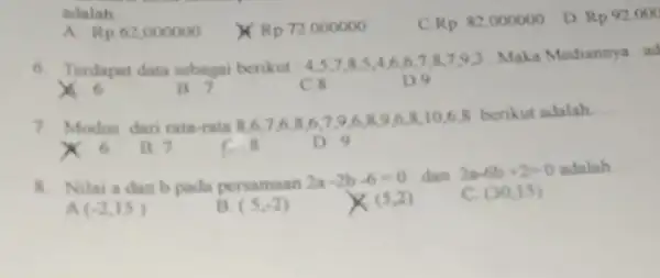 adalah __ Rp62,000000 times Rp72000000 Rp82.000000 D Rp92000 6. Terdapat data sebagai berikut : 4,5,78.5.4.66.7.8.793 Maka Mediannya ad B. ? C.8 D 7. Modus