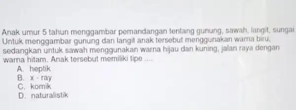 Anak umur 5 tahun menggambar pemandangan tentang gunung, sawah, langit sungai Untuk menggambar gunung dan langit anak tersebut menggunakan warna biru, sedangkan untuk sawah