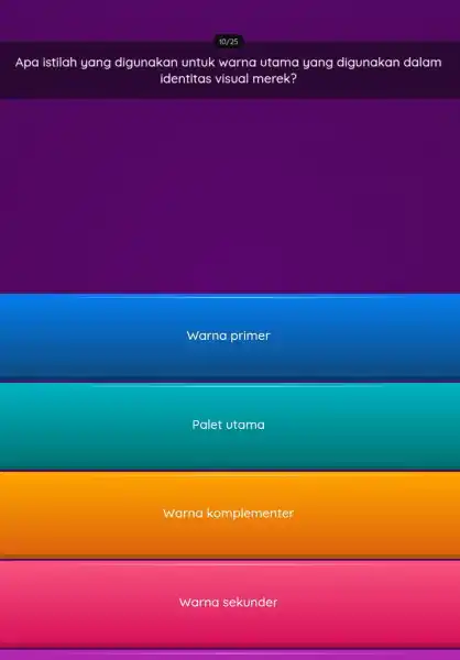 Apa istilah yang digunakan untuk warna utama yang digunakan dalam identitas visual merek? Warna primer Palet utama Warna komplementer Warna sekunder