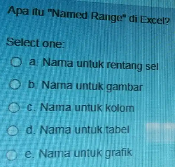 Apa itu Named Range" di Excel? Select one: a Nama untuk rentang sel b. Nama untuk gambar c Nama untuk kolom d. Nama untuk