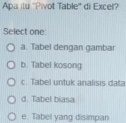 Apa itu "Pivot Table" di Excel? Select one: a. Tabel dengan gambar b. Tabel kosong c. Tabel untuk analisis data d. Tabel biasa e.