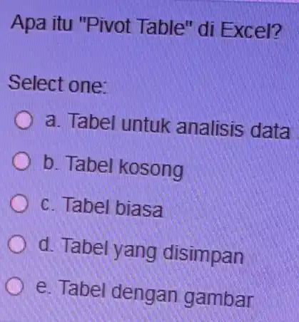 Apa itu "Pivot Table" di Excel? Select one: a. Tabel untuk analisis data b. Tabel kosong c. Tabel biasa d. Tabel yang disimpan e.