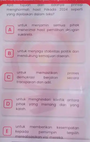 Apa tujuan dari adanya prinsip menghormati hasil Pilkada 2024 seperti yang dijelaskan dalam teks? A sukarela. untuk menjamin semua pihak menerima hasil pemilihan dengan