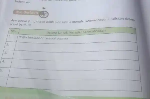 Apa upaya yang dapat dilakukan untuk mengisi kemerdekaan? Tuliskan dalam tabel berikut!