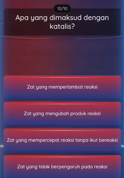 Apa yang dimaksud dengan katalis? Zat yang memperlambat reaksi Zat yang mengubah produk reaksi Zat yang mempercepat reaksi tanpa ikut bereaksi Zat yang tidak