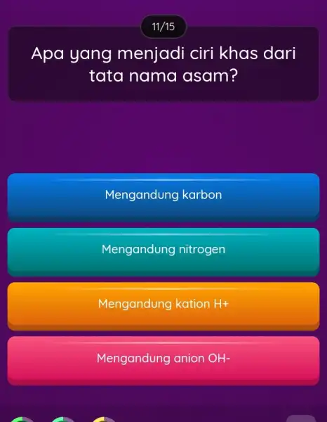 Apa yang menjadi ciri khas dari tata nama asam? Mengandung karbon Mengandung nitrogen Mengandung kation H+ Mengandung anion OH-