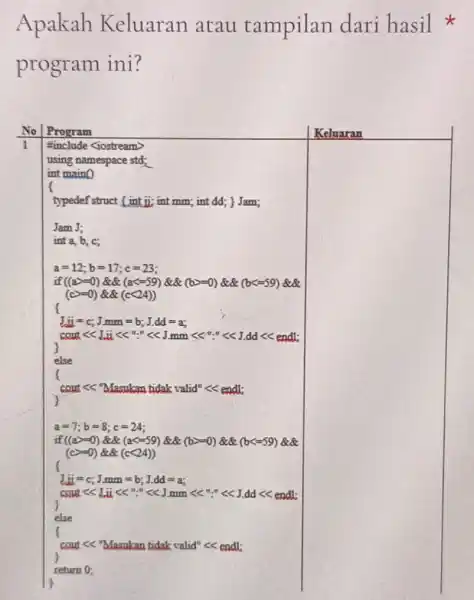 Apakah Keluaran atau tampilan dari hasil program ini? 1 #include <iostream> using namespace std; int main f typedef struct fint ji int mm; int