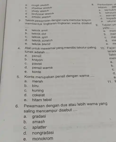 a.rough sketch B b. shadow sketch C. study sketch d.technical sketch e. artistic sketch 3.Teknik pewamaan dengan cara memutar krayon membentuk lingkaran -lingkaran warna