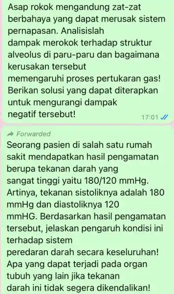 Asap rokok mengandung zat-zat berbahaya yang dapat merusak sistem pernapasan.Analisislah dampak merokok terhadap struktur alveolus di paru-paru dan bagaimana kerusakan tersebut memengaruhi proses pertukaran