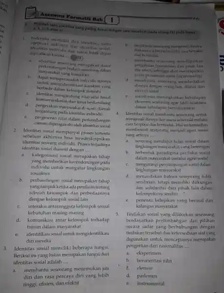 a, b, c, d, atau e! , b, c, d,satujawaban yang palin benar deng an cara memberi tanda silang (X) pad:a huruf 1. Individu