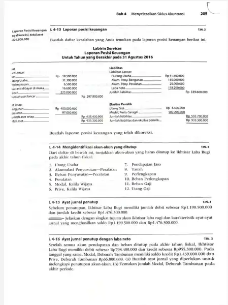 Bab 4 Menyelesaikan Siklus Akuntansi Laporan Posisi Keuangan L 4-13 Laporan posisi keuangan ng dikoreksi, total aset .625.000.000 Buatlah daftar kesalahan yang Anda temukan