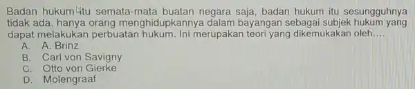 Badan hukum Litu semata-mata buatan negara saja, badan hukum itu sesungguhnya tidak ada hanya orang mei nghidupkannya dalam bayangan sebaga i subjek hukum yang