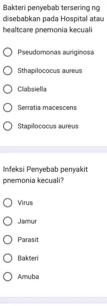 Bakteri penyebab tersering ng disebabkan pada Hospital atau healtcare pnemonia kecuali Pseudomonas auriginosa Sthapilococus aureus Clabsiella Serratia macescens Stapilococus aureus Infeksi Penyebab penyakit pnemonia