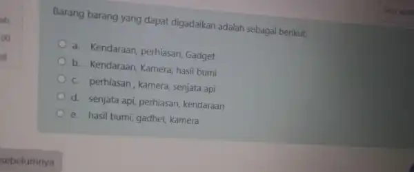 Barang barang yang dapat digadaikan adalah sebagai berikut. a Kendaraan perhiasan Gadget b.Kendaraan,Kamera hasil bumi c. perhiasan , kamera,senjata api d. senjata api, perhiasan