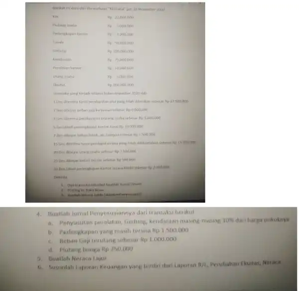 Berikut ini data dar Perusahaan "Kencana" per 30 November 2020 Kas Rp22.000.000 Piutang usaha Rp 5.000.000 Perlengkapan kantor Rp3.000.000 Tanah Rp50.000.000 Gedung Rp100.000.000 Kendaraan