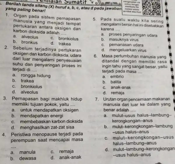 . Berilah tanda silang (X) hurufa b, c, atau d pada jawaban yang paling benar! enllaian Sumatif __ dari luar mengalam penyesuaian suhu dan