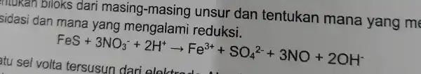 blloks dari masing -masing unsur dan tentukan mana yang m sidasi dan mana yang mengalam i reduksi. FeS+3NO_(3)^-+2H^+arrow Fe^3++SO_(4)^2-+3NO+2OH^-