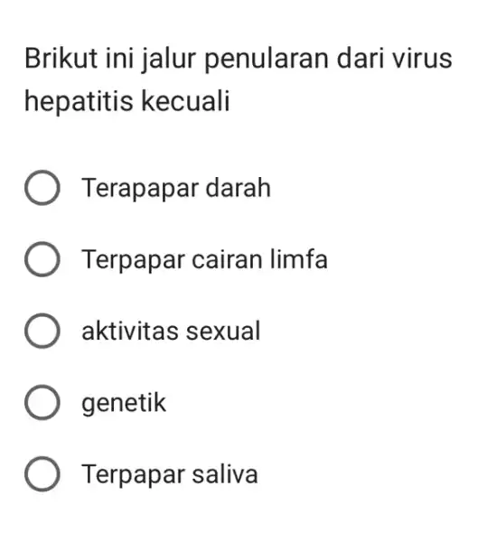 Brikut ini jalur penularan dari virus hepatitis kecuali ) Terapapar darah Terpapar cairan limfa ) aktivitas sexual genetik Terpapar saliva