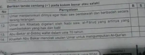 C. Berikan tanda centang (checkmark) pada kolom benar atau salah! No & Pernyataan & B & mathbf(s) 11. & Umar menjaminkan dirinya agar Nabi