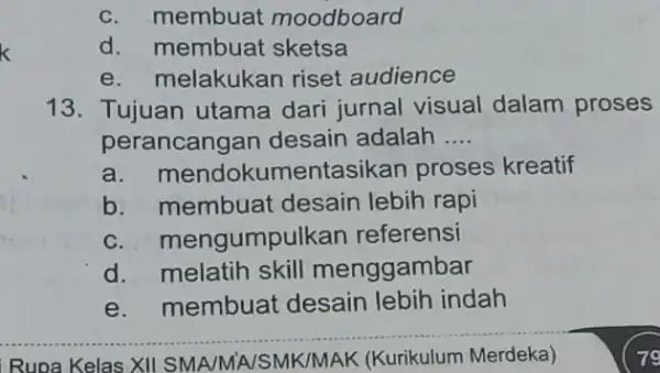 c. membuat moodboard d. membuat sketsa e. melakukan riset audience 13. Tujuan utama dari jurnal visual dalam proses perancangan desain adalah __ a.mendok umentasikan