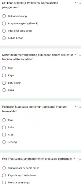 Ciri khas arsitektur tradisional Korea adalah penggunaan: Beton bertulang Atap melengkung (hanok) Pilar-pilar batu besar ) Kubah besar Material utama yang sering digunakan dalam