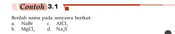 Contoh 3.1 Berilah nama pada senyawa berikut: a. NaBr b. MgCl_(2) a. Na_(2)S