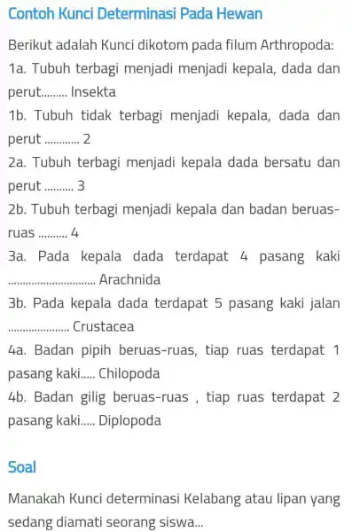 Contoh Kunci Determinas Pada Hewan Berikut adalah Kunci dikotom pada filum Arthropoda: 1a. Tubuh terbagi menjadi menjadi kepala, dada dan perut......... Insekta __ 1b.