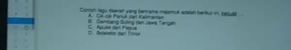 Contoh lagu daerah yang terrama majemuk adalah berikut ini kecuall __ A. Cikck Peruk dari Kalimartan B. Gambang Suling dar Jawa Tengah C. Aouse