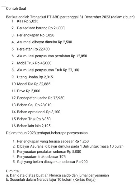 Contoh Soal Berikut adalah Transaksi PT ABC per tanggal 31 Desember 2023 (dalam ribuan) 1. Kas Rp2,825 2. Persediaan barang Rp21,800 3. Perlengkapan Rp5,820