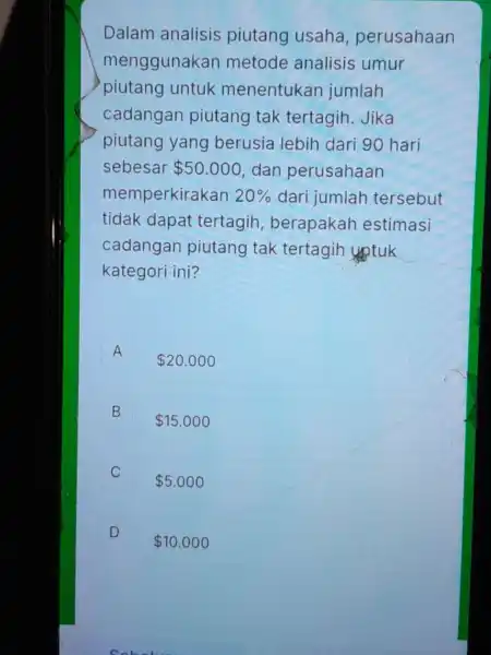 Dalam analisis piutang usaha perusahaan menggunakan metode analisis umur piutang untuk menentukan jumlah cadangan piutang tak tertagih. Jika piutang yang berusia lebih dari 90