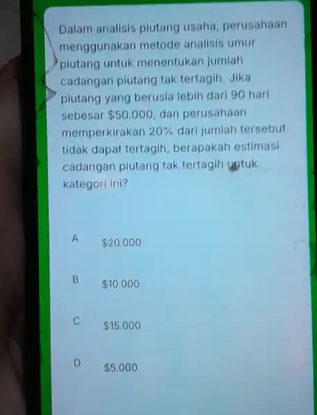 Dalam analisis piutang usaha perusahaan menggunakan metodo analisis umur piutang untuk menentukan jumlah cadangan piutang tak tertagih, Jika piutang yang berusia lebih dari 90