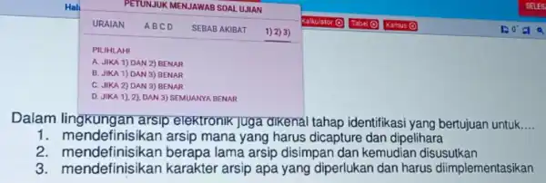 Dalam lingkungan arsip elektronik juga dikenal tahap identifikasi yang bertujuan untuk.... 1. mendefinisikan arsip mana yang harus dicapture dan dipelihara 2. mendefinisikan berapa lama