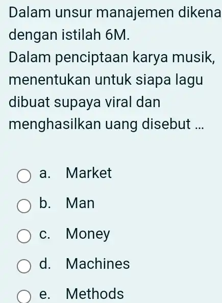 Dalam unsur manajemen dikena dengan istilah 6M. Dalam penciptaan karya musik, menentukan untuk siapa lagu dibuat supaya viral dan menghasilkan uang disebut __ a.