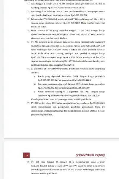 Dansaksi tersebut dibawah lili. 1) Pada tanggal 1 Januari 2012 PT.VXY membeli mesin produksi dari PT.UIH di Bandung sebesar Rp.2.557.570.000 belum termasuk PPN.? 2)