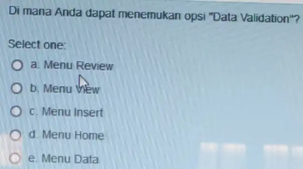 Di mana Anda dapat menemukan opsi "Data Validation"? Select one: a. Menu Review b. Menu Mew c. Menu Insert d. Menu Home e. Menu