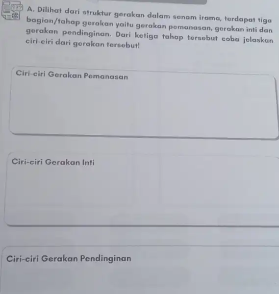 A. Dilihat dari struktur gerakan dalam senam irama, terdapat tiga bagian/tahap gerakan yaitu gerakan pemanasan gerakan inti dan gerakan pendinginan . Dari ketiga tahap